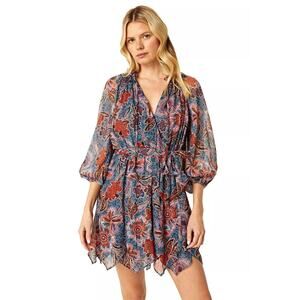 MISA Los Angeles LA Women's Mini Dress Tara Cerulean Floral Print 3/4 Sleeve